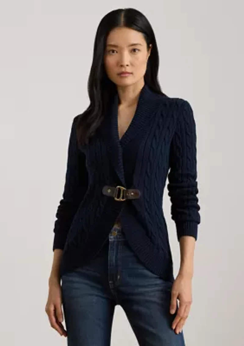 Buckle-Trim Cable Shawl-Collar Cardigan