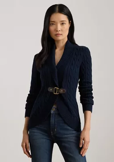 Buckle-Trim Cable Shawl-Collar Cardigan