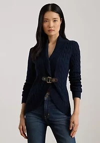Buckle-Trim Cable Shawl-Collar Cardigan