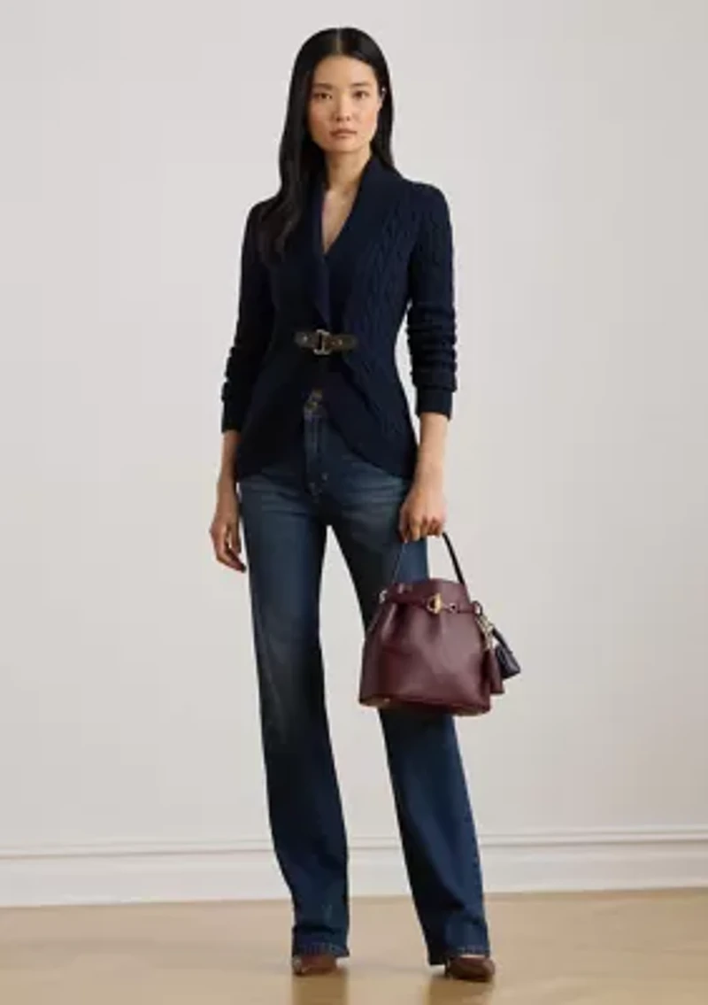 Buckle-Trim Cable Shawl-Collar Cardigan