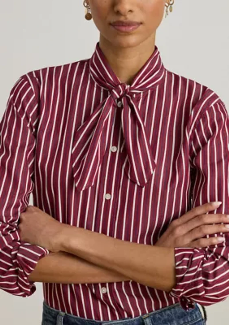 Women's Striped Cotton Broadcloth Tie-Neck Shirt