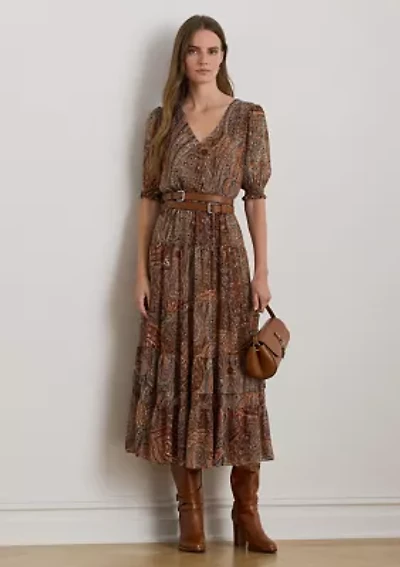 Women's Paisley Belted Crinkle Georgette Dress