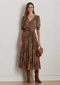 Women's Paisley Belted Crinkle Georgette Dress
