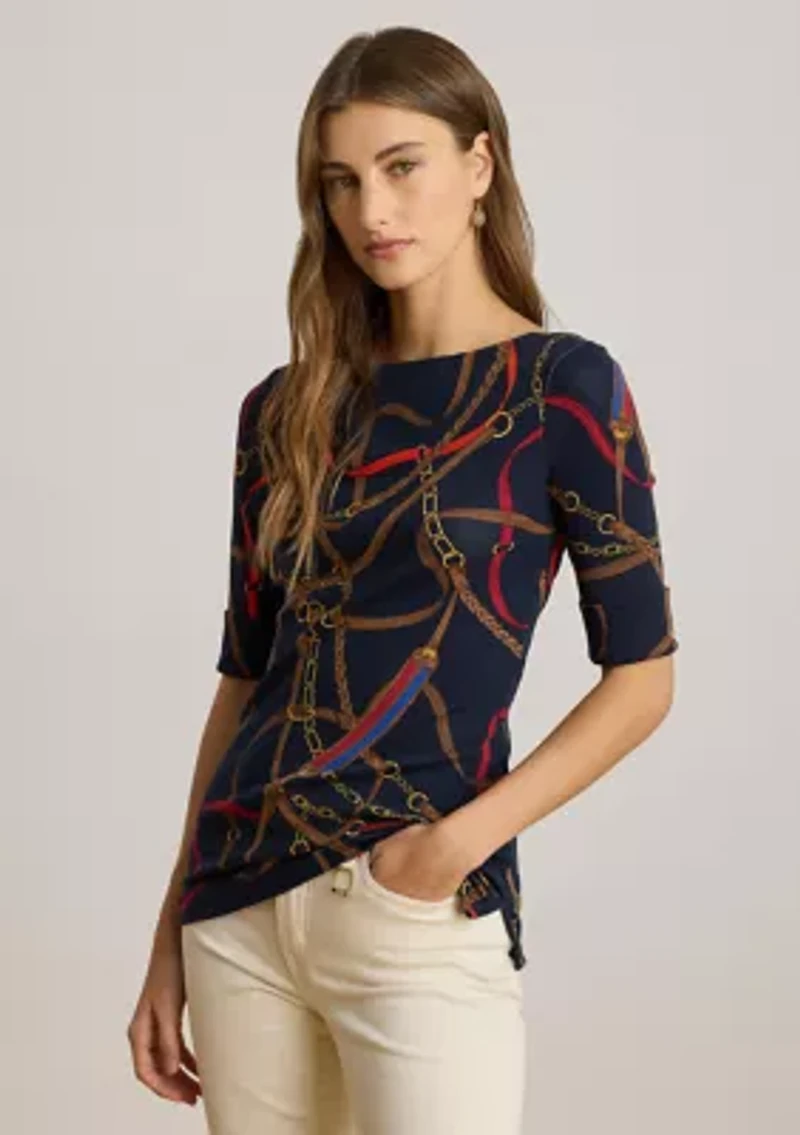 Women's Belting-Print Cotton Boatneck T-Shirt