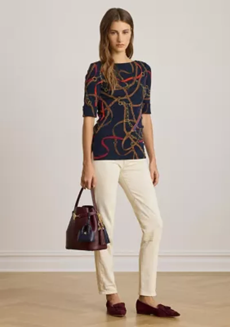 Women's Belting-Print Cotton Boatneck T-Shirt