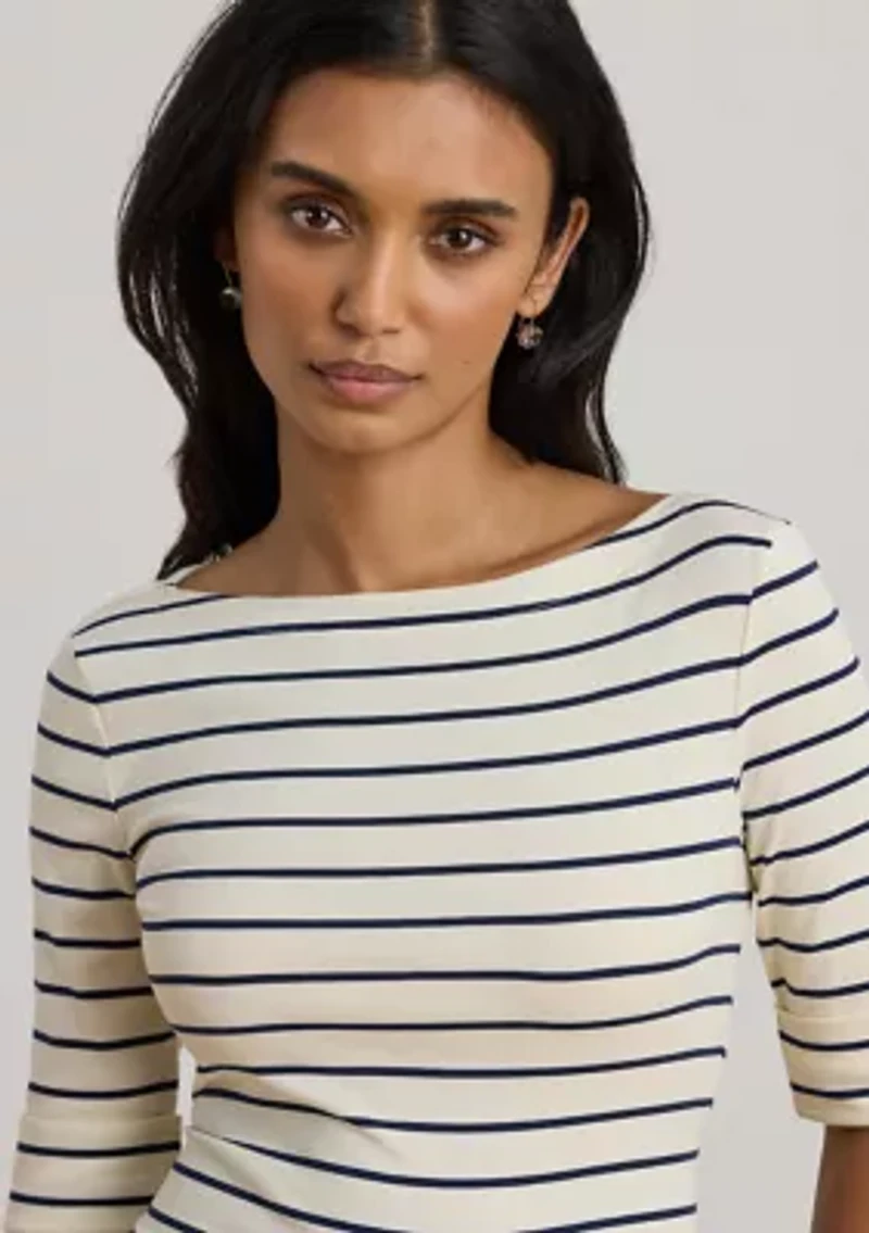 Women's Striped Stretch Cotton Boat Neck T-Shirt