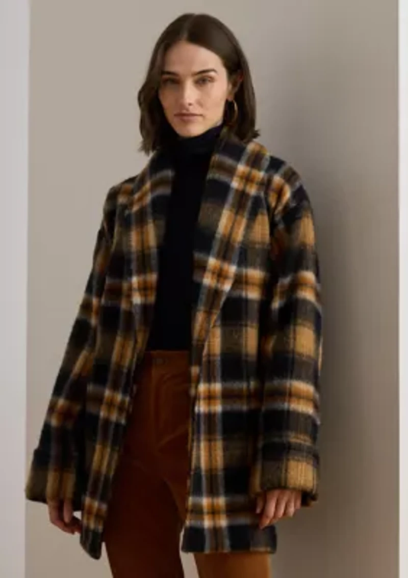 Women's Plaid Wool-Blend Shawl-Collar Wrap Coat