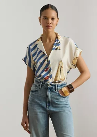 Women's Striped Sailboat-Print Crepe Camp Shirt