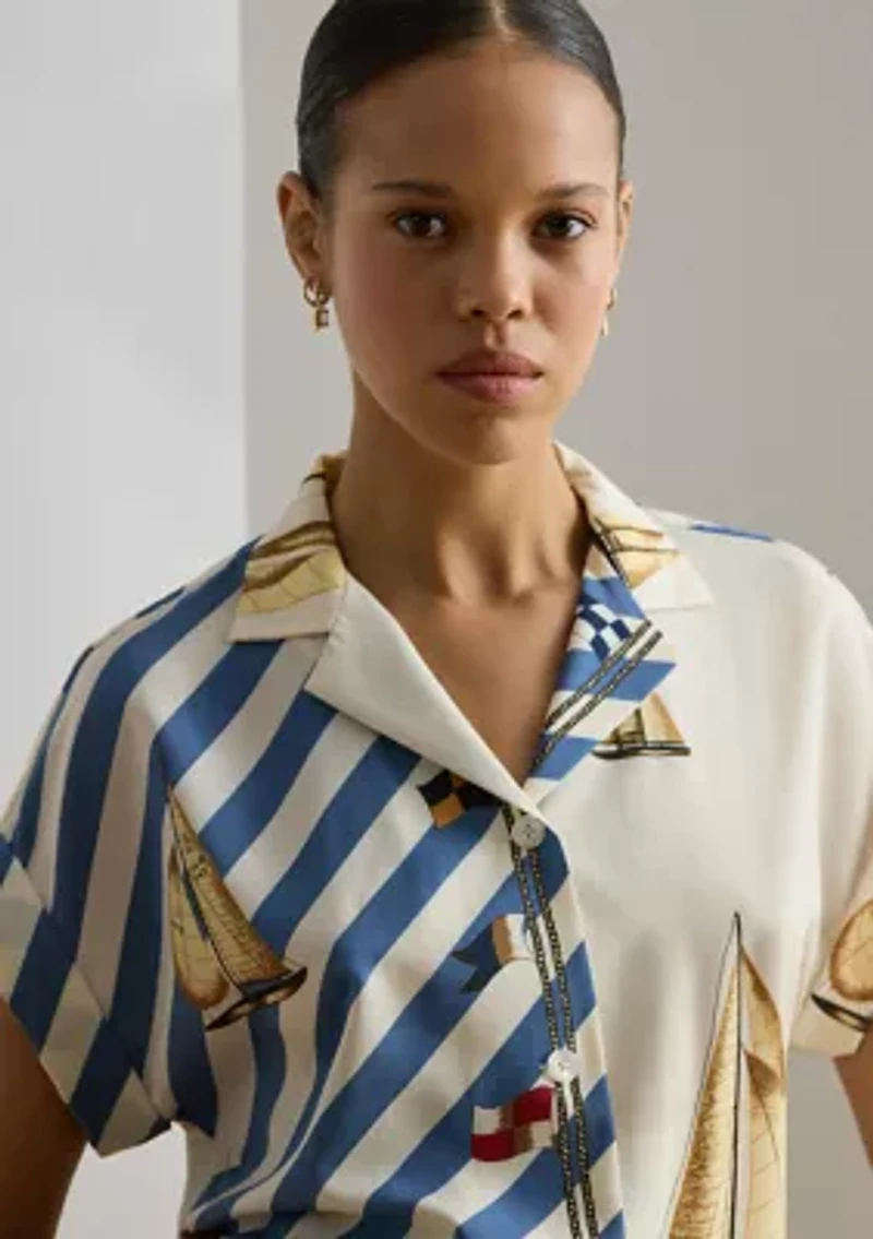 Women's Striped Sailboat-Print Crepe Camp Shirt