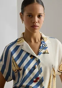 Women's Striped Sailboat-Print Crepe Camp Shirt