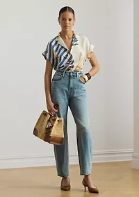 Women's Striped Sailboat-Print Crepe Camp Shirt