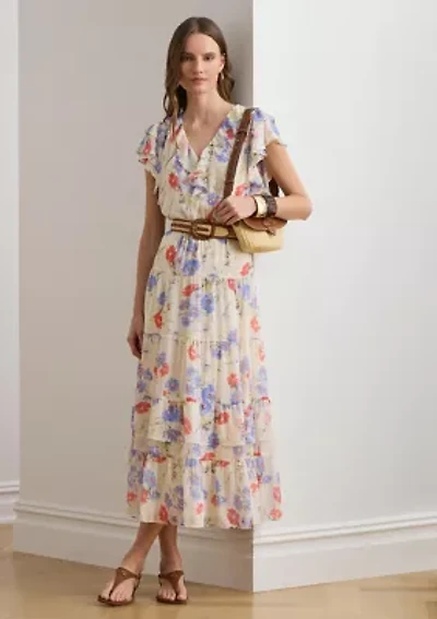 Women's Floral Belted Georgette Tiered Dress