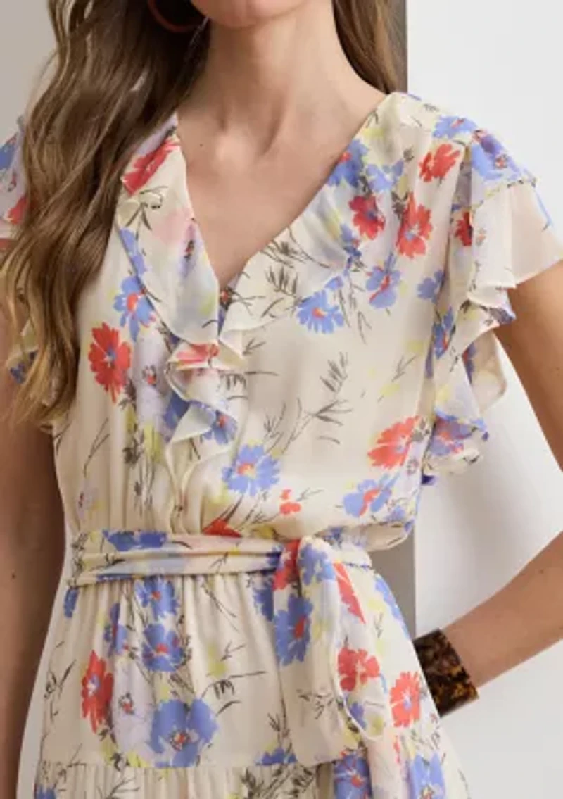 Women's Floral Belted Georgette Tiered Dress