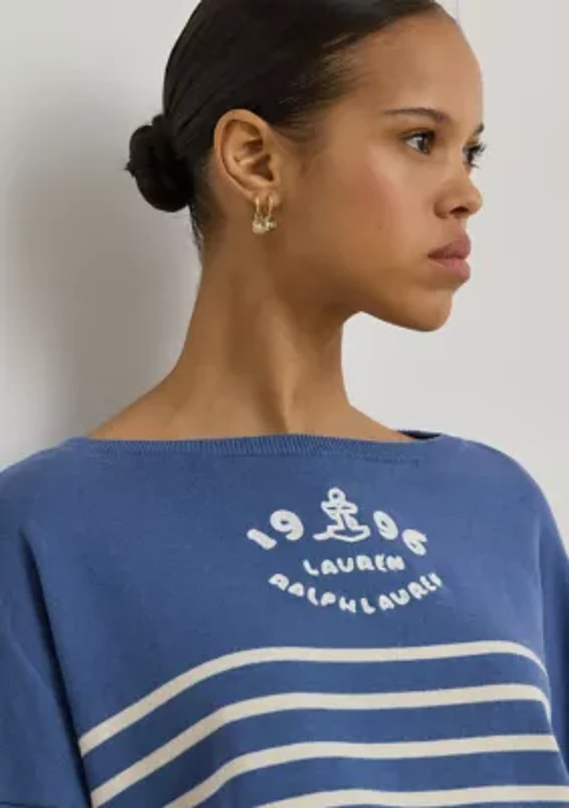 Women's Logo Striped Cotton Boat Neck Sweater