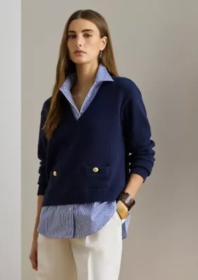 Women's Layered Button-Trim Cotton Sweater