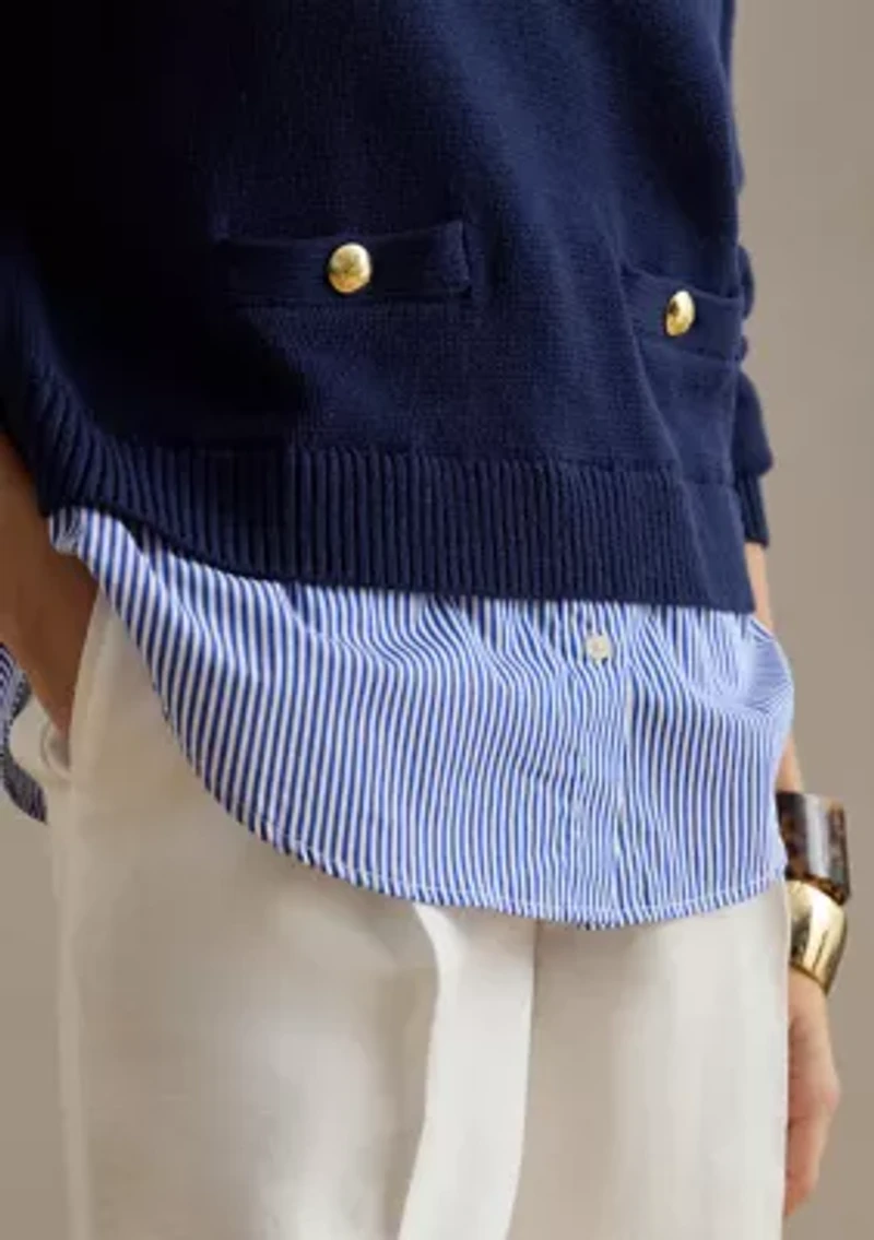 Women's Layered Button-Trim Cotton Sweater