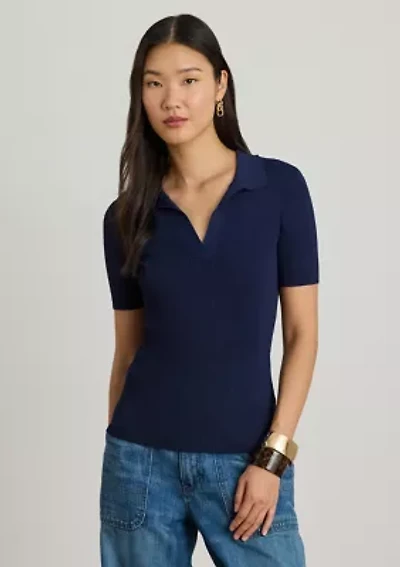 Women's Rib-Knit Short-Sleeve Polo Sweater