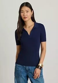 Women's Rib-Knit Short-Sleeve Polo Sweater