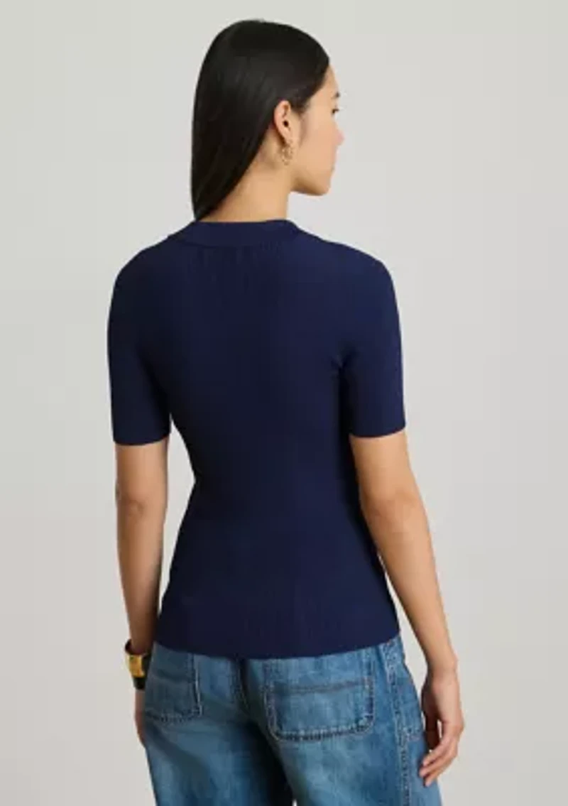 Women's Rib-Knit Short-Sleeve Polo Sweater