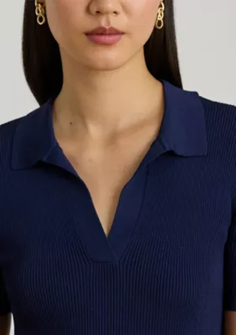 Women's Rib-Knit Short-Sleeve Polo Sweater