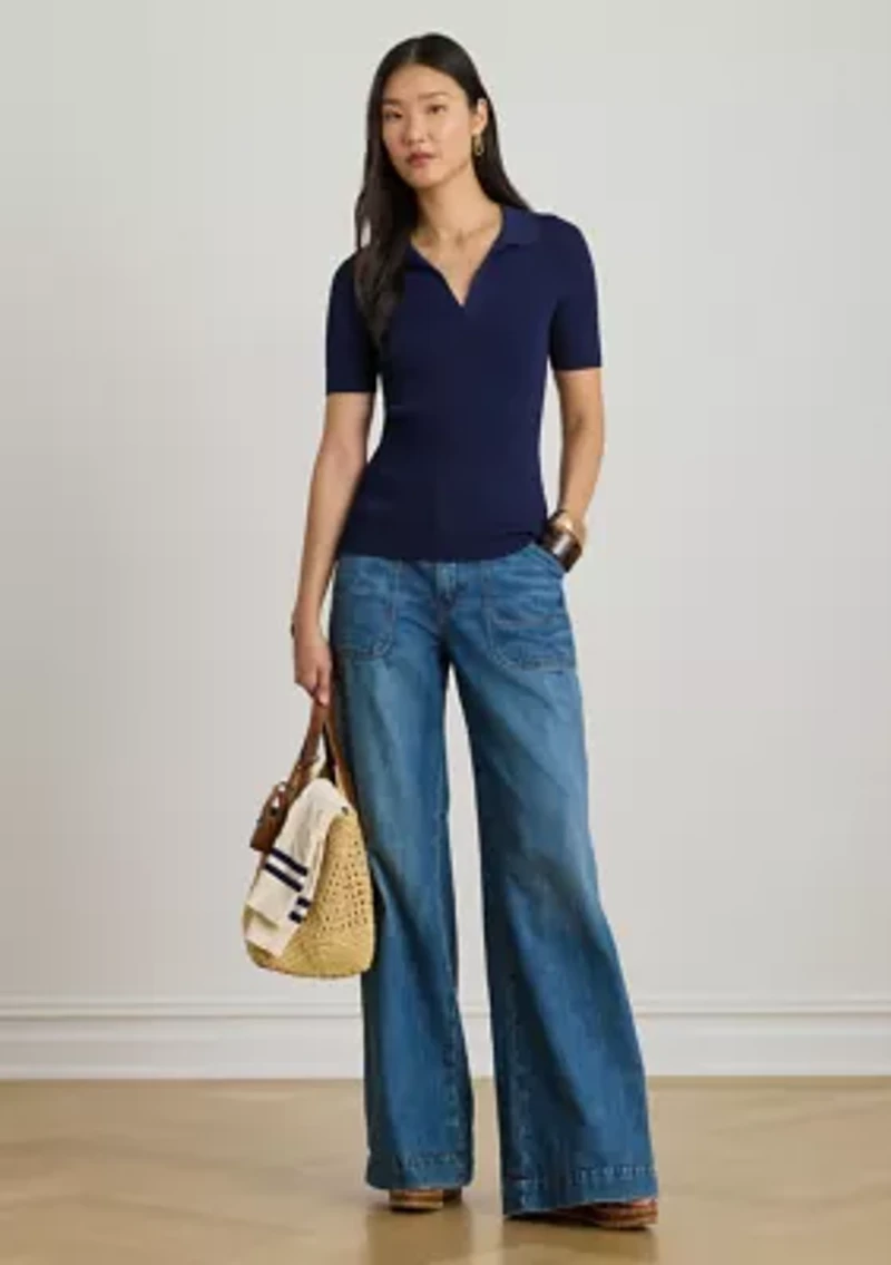 Women's Rib-Knit Short-Sleeve Polo Sweater