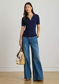 Women's Rib-Knit Short-Sleeve Polo Sweater
