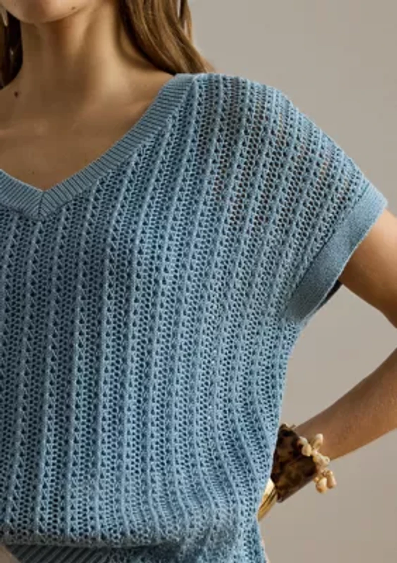 Women's Cotton-Blend Mesh Short-Sleeve Sweater