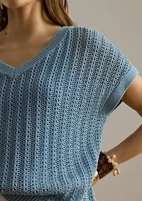 Women's Cotton-Blend Mesh Short-Sleeve Sweater