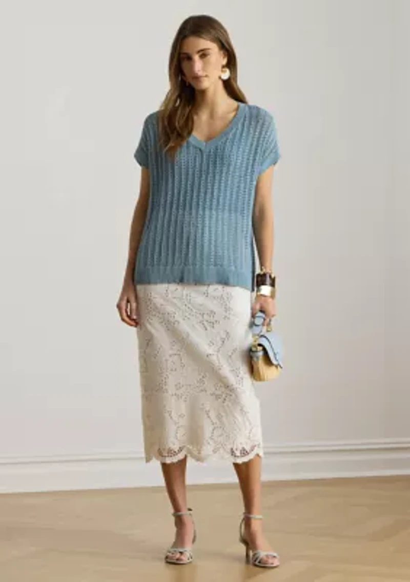 Women's Cotton-Blend Mesh Short-Sleeve Sweater