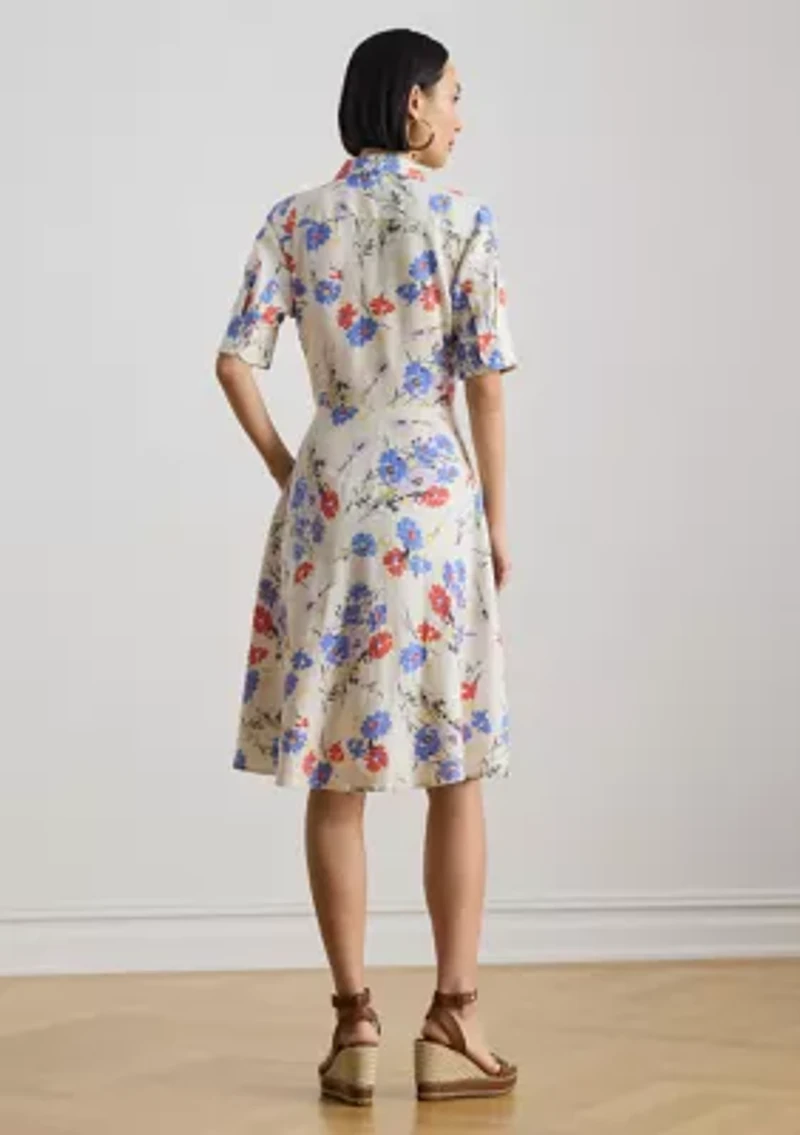 Women's Floral Tie-Front Linen Shirtdress