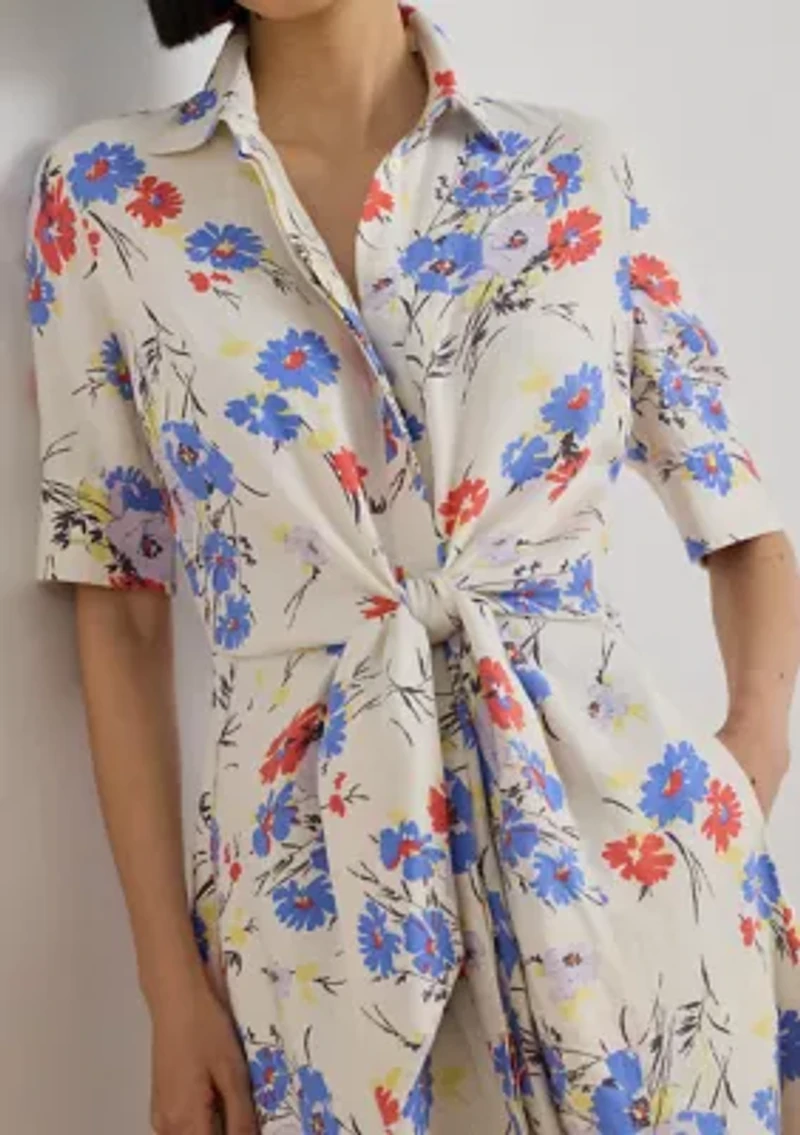 Women's Floral Tie-Front Linen Shirtdress