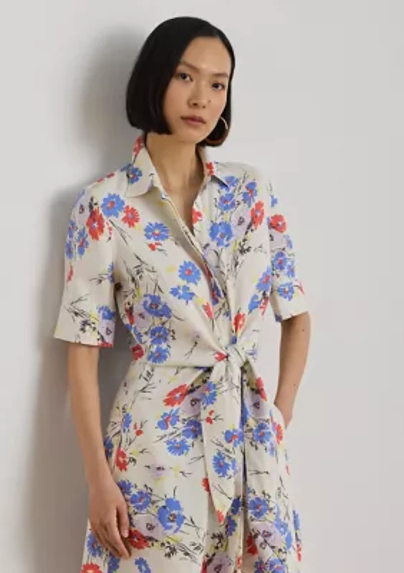 Women's Floral Tie-Front Linen Shirtdress