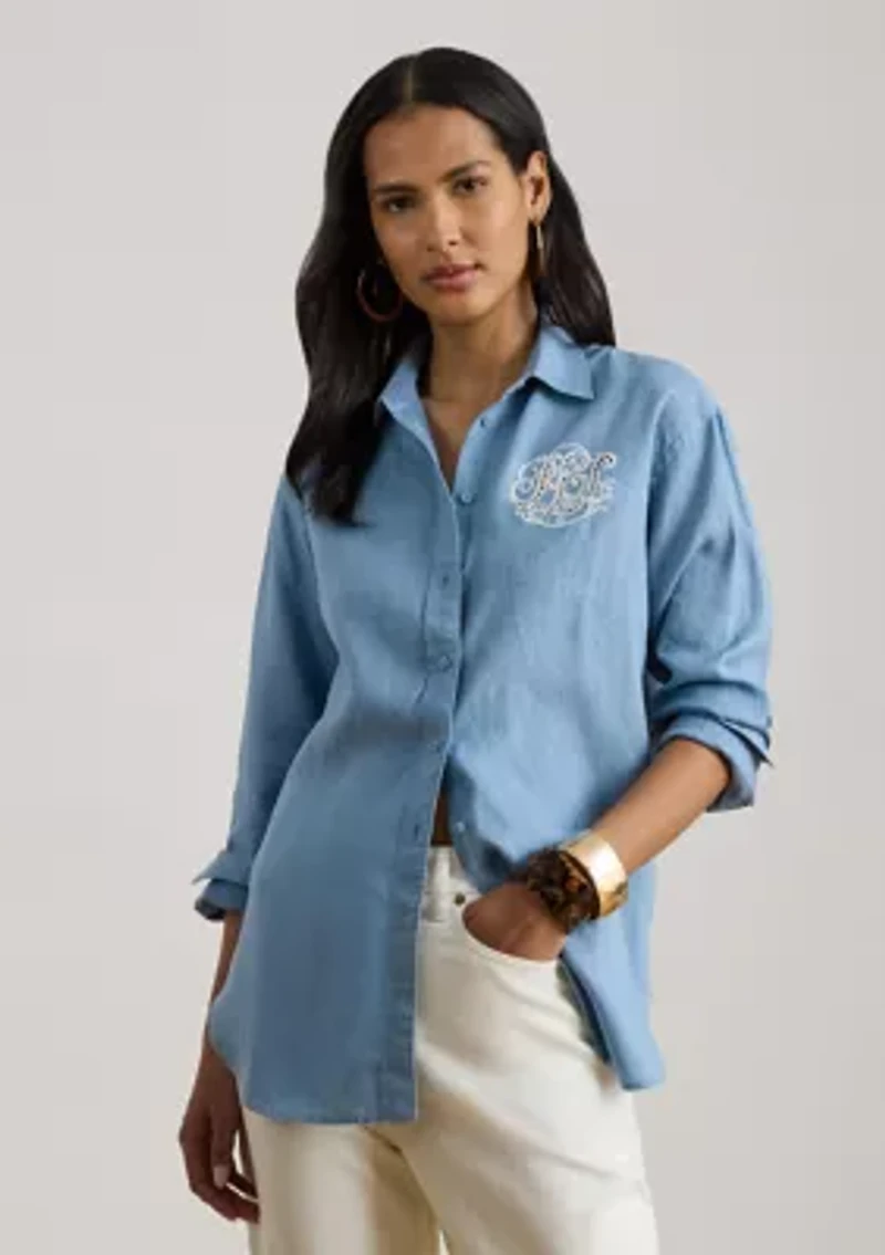 Women's Relaxed Fit Eyelet-Logo Linen Shirt