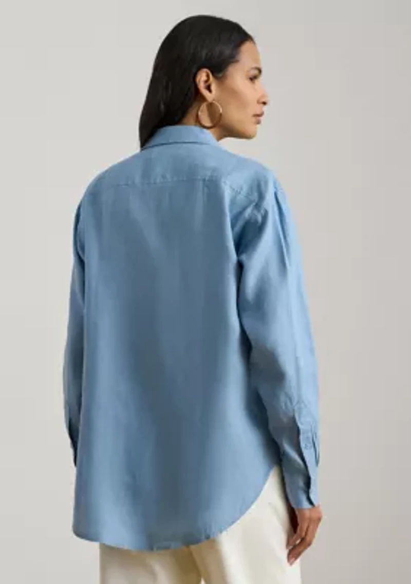 Women's Relaxed Fit Eyelet-Logo Linen Shirt
