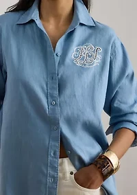 Women's Relaxed Fit Eyelet-Logo Linen Shirt