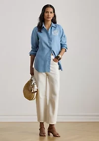 Women's Relaxed Fit Eyelet-Logo Linen Shirt