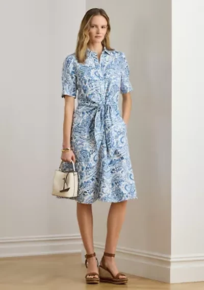 Women's Paisley Tie-Front Linen Shirtdress