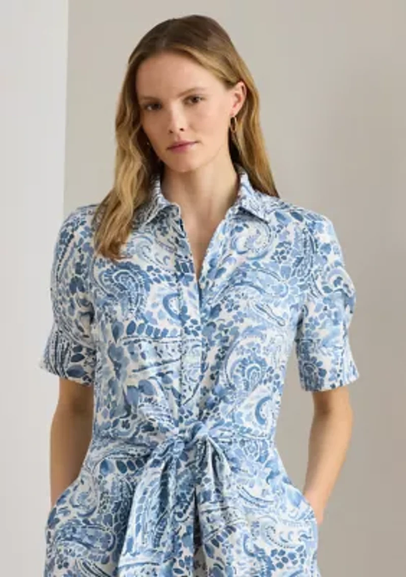 Women's Paisley Tie-Front Linen Shirtdress