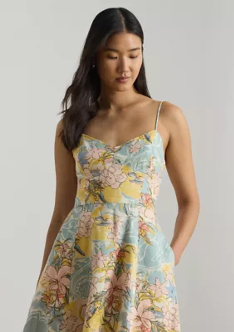 Floral Linen Sleeveless Midi Dress