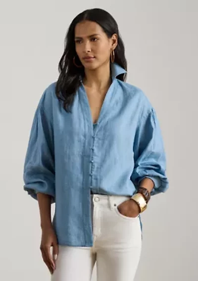 Women's Linen Blouson-Sleeve Shirt