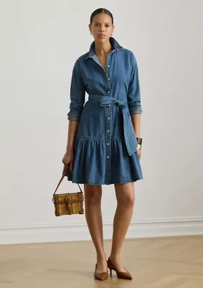 Belted Denim Tiered Shirtdress