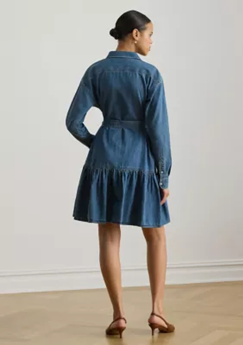 Belted Denim Tiered Shirtdress