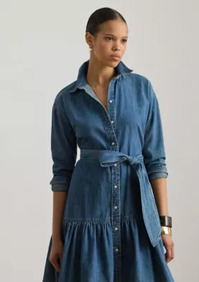 Belted Denim Tiered Shirtdress