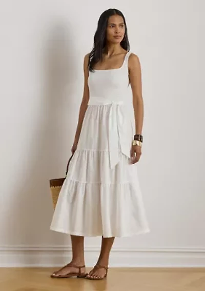 Belted Jersey & Broadcloth Tiered Dress