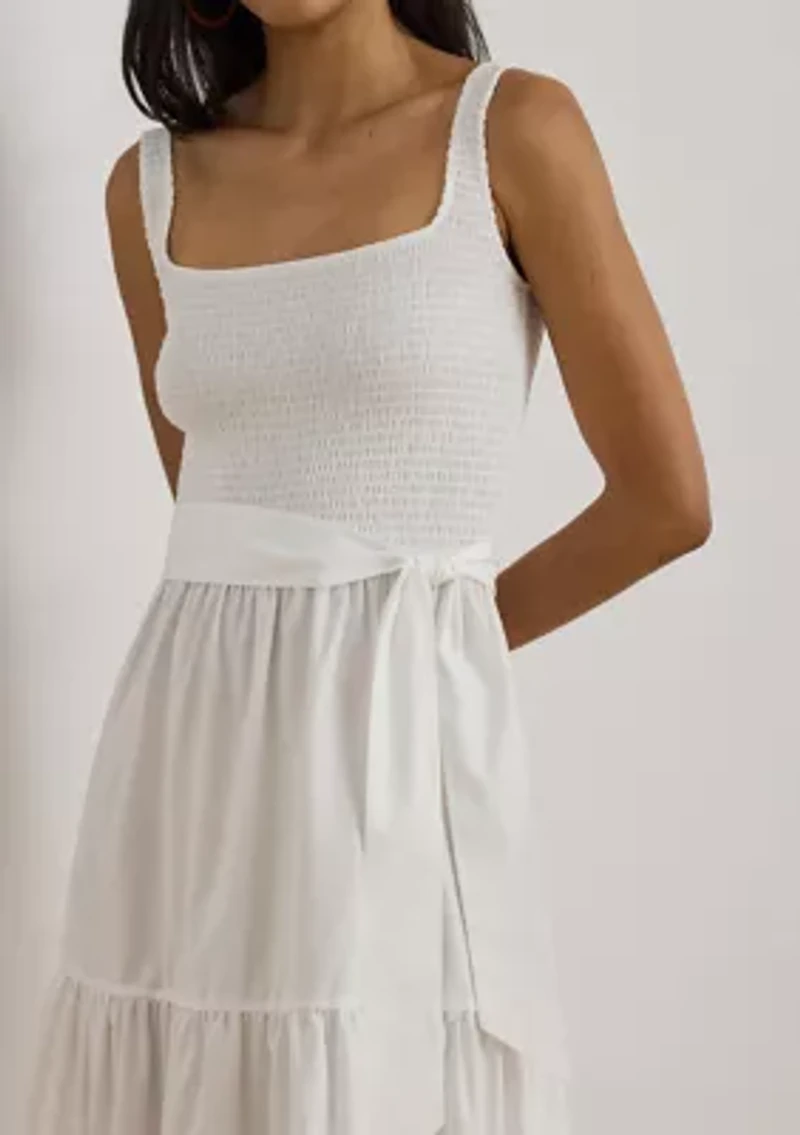 Belted Jersey & Broadcloth Tiered Dress