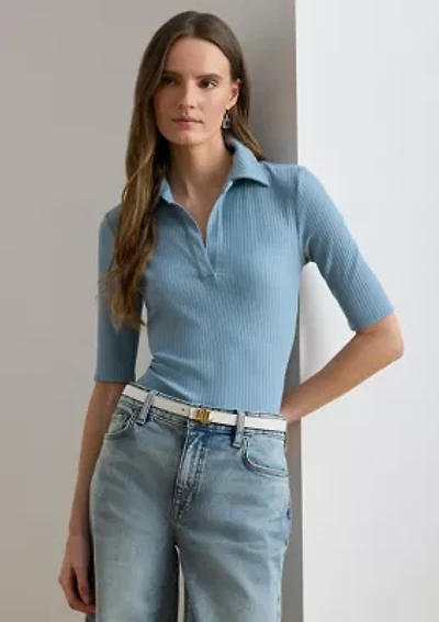 Women's Rib-Knit Elbow-Sleeve Polo T-Shirt