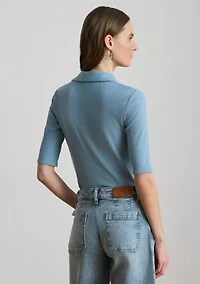 Women's Rib-Knit Elbow-Sleeve Polo T-Shirt