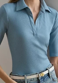 Women's Rib-Knit Elbow-Sleeve Polo T-Shirt