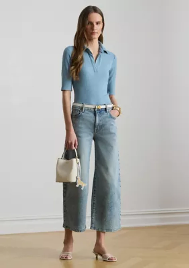 Women's Rib-Knit Elbow-Sleeve Polo T-Shirt