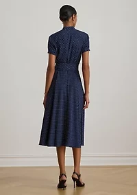 Polka-Dot Belted Crepe Dress